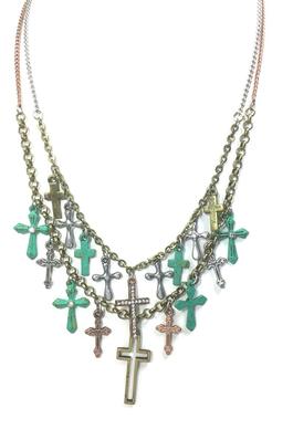 Tri-Color Multi Chain Cross Necklace Set