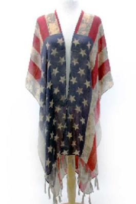 Red White Blue Distressed USA Flag Tassel Kimono
