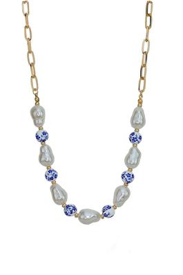 Blue White Floral Dutch Pearl Bead Necklace