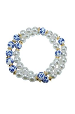 Blue White Floral Dutch Pearl Stretch Bracelet 2pc