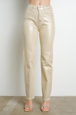 High rise metallic foil stretch denim pants