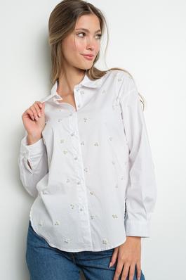 Pearl-embellished long-sleeve button down shirt