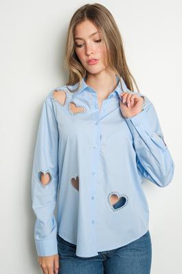 Embellished Heart Cut Out Long Sleeve Blouse 