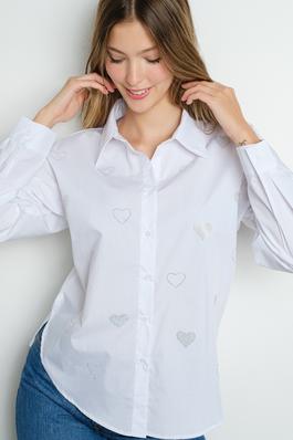 Rhinestone Hearts Long Sleeve Cotton Shirt