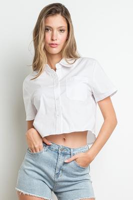 Striped Short Sleeve Button Down Cropped Shirt