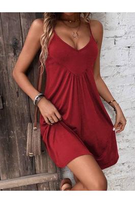 SOLID MINI SUMMER DRESS WITH STRAP V NECK