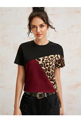  Color Block Burgundy Leopard T-Shirt