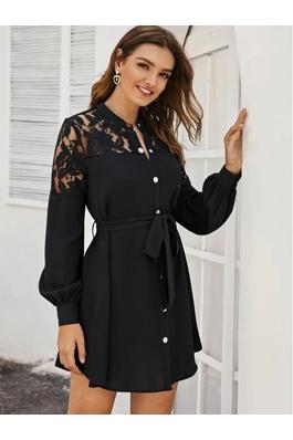 Lace Button Up Belted Long Sleeve Shirt Mini Dress