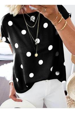 Summer Solid Polka Dot Round Neck Blouse Tops
