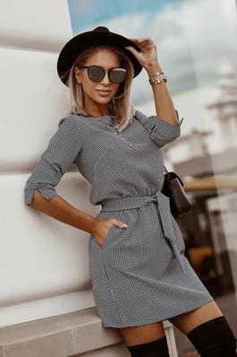 HOUNDSTOOTH CASUAL DRESS WITH BELTED HALF SLEEVE