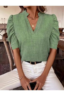 V NECK SOLID PUFF SLEEVE BLOUSE 