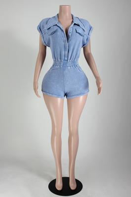 MINERAL WASH CINCHED WAIST COLLARED ROMPER