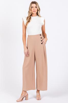 Solid Stretch Button Detail Wide Pants