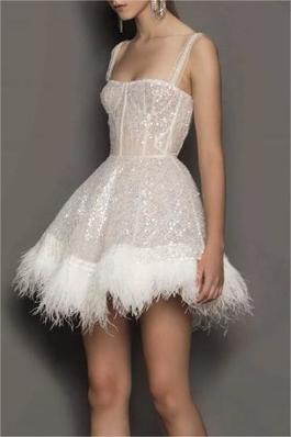 Strapless Halter Dress Feather Sequin Dresses