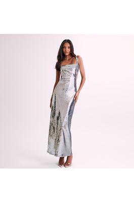 Backless one neck dress hollowed out silver sequin dresses