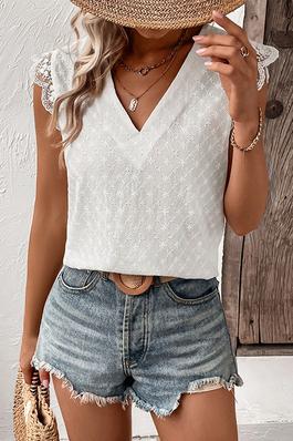 Solid Color V-Neck Sleeveless Back Hollow Blouse