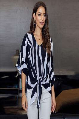 Contrast Color Striped V-Neck Long Sleeve Knotted Chiffon Blouse