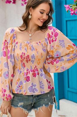 Floral Printed Long Sleeve Square Neck Look Thin Blouse