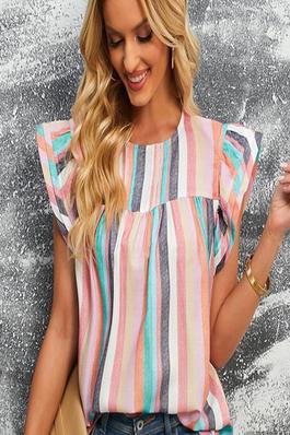 Contrast Color Crewneck Short Sleeve Striped Casual Loose Blouse Top