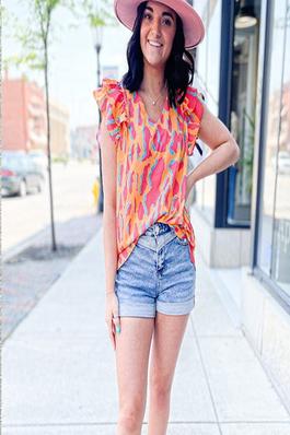 Contrast Color Printing V-Neck Sleeveless Chiffon Blouse Top