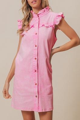 Loose Ruffle Sleeves Buttoned Pleated Pockets Split-Joint Mock Neck Mini Dresses Shirt Dress