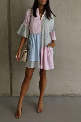 Long Sleeves Loose Buttoned Contrast Color Pleated Split-Joint Striped Stand Collar Mini Dresses Shi
