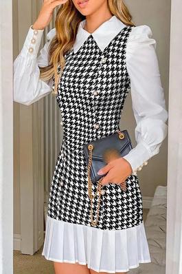 Bodycon High Waisted Buttoned Houndstooth Pleated Split-Joint Lapel Mini Dresses Shirt Dress