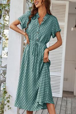 A-Line High Waisted Buttoned Drawstring Polka-Dot V-Neck Midi Dresses Shirt Dress