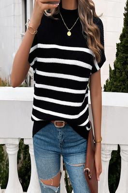 Contrast Color Chic Knitted Short Sleeve Sweater