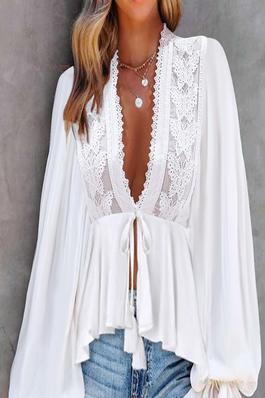 Solid Color Lace V-Neck Long Sleeve Blouse