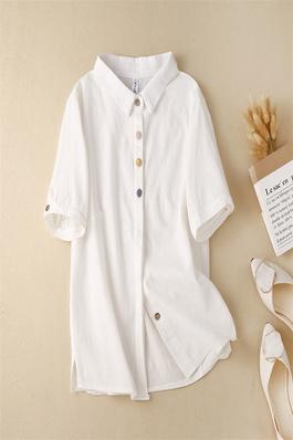 Retro Literary Cotton Linen Short Sleeve Shirt With Classic Polo Collar