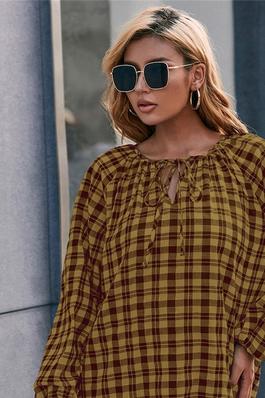 Casual Long Sleeve Plaid V-Neck Lace-Up Shirt Tops