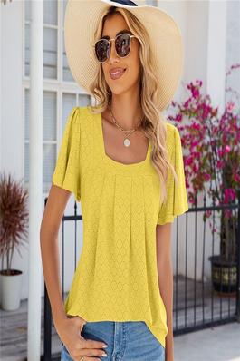 Loose Fit Solid Color V-Neck Pleated Short Sleeve T-Shirt