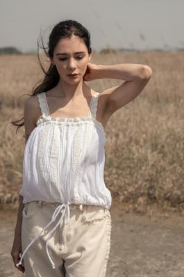 Lace Sleeve Tank Top with Drawstring Waist