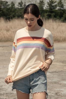 Round Neck Knit Sweater with Multi Stripe Detail