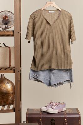 Henley Neck Ribbed Top