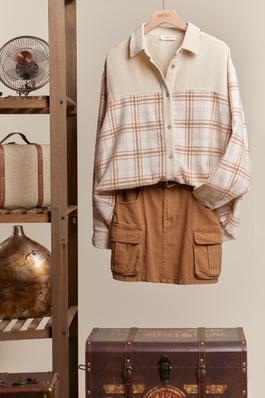 Color Block Corduroy and Plaid Shirt with Raw hem