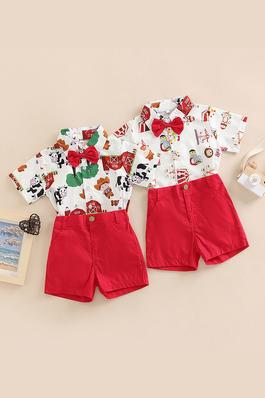Boys' Shirt And Tie Printed Short-Sleeved Top And Shorts Two-Piece Set
