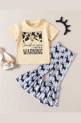 Girls' Round Neck Short-Sleeved Top And Riding Print Bell Bottoms Two-Piece Set