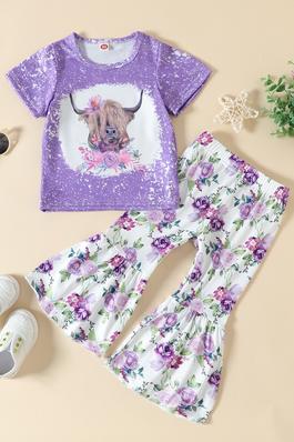 Girls' Cow Head Print Top And Lavender Print Flared Trousers Two-Piece Set