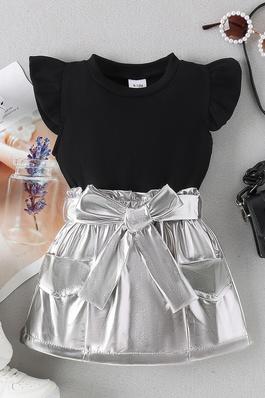 Girls' Striped Flying Sleeve Top, Silver Skirt And Belt Three-Piece Set