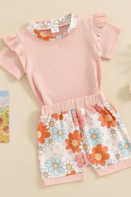 Girls Floral Flying Sleeves Pit Striped Top And Shorts Two-Piece Set