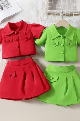 Girls Solid Color Lapel Short-Sleeved Top And Culottes Two-Piece Set