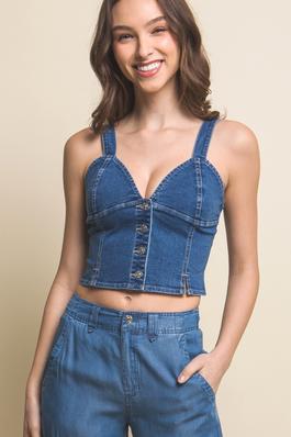 Denim Cropped Vest Top with Buttons