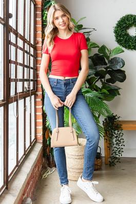 Crew Neck Short Sleeve Basic Cropped Knit Top
