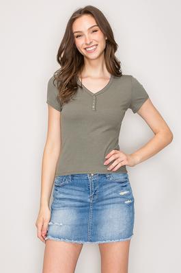 Buttoned V Neck Short Sleeve Rib Knit Casual Top