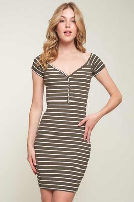 Short Sleeve Button Detail Striped Mini Dress