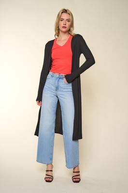 Solid Knee-Length Open Front Rib Knit Cardigan