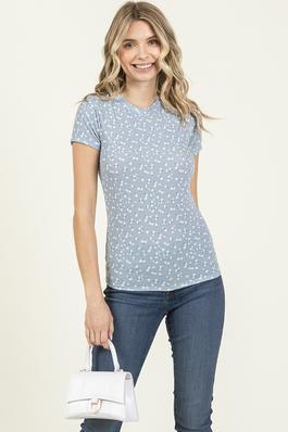 Printed Ribbed Short Sleeve Crew Neck Casual Top