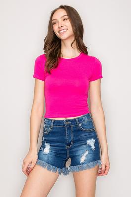 Short Sleeve Crew Neck Cotton Knit Cropped Top